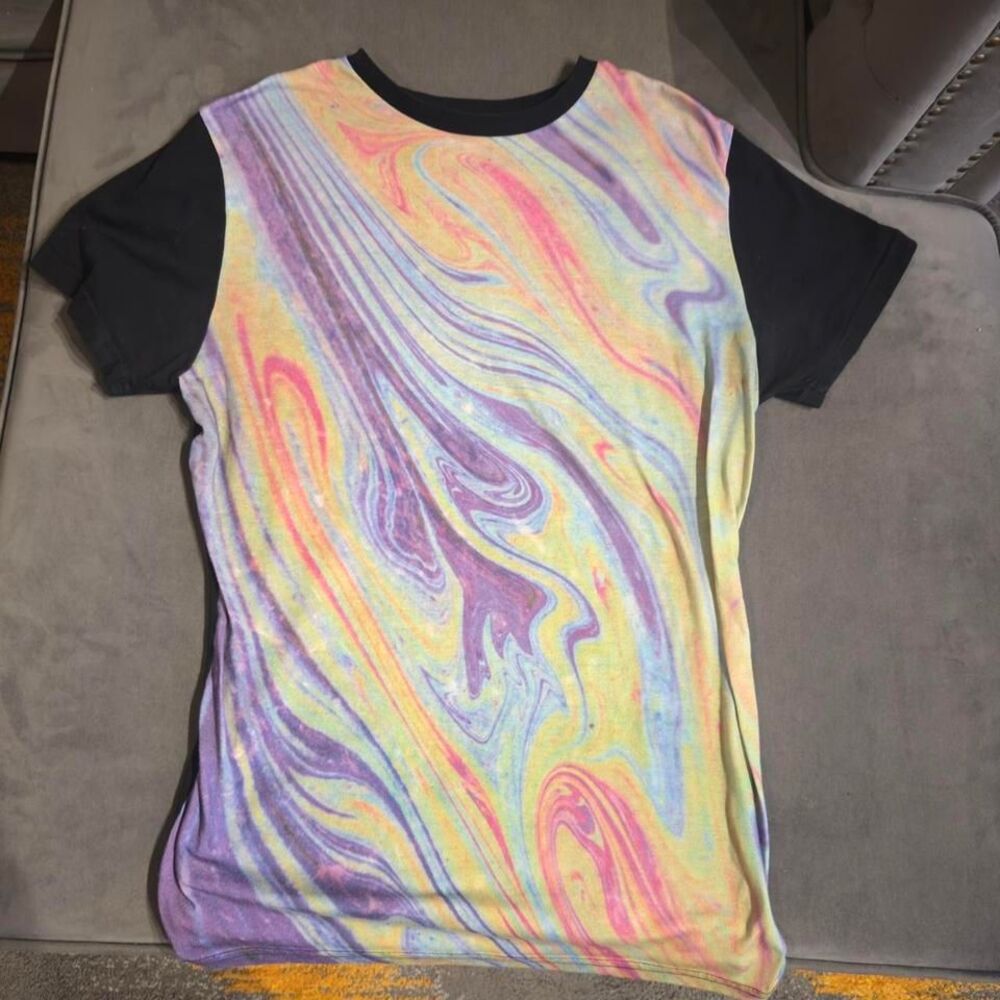 Men's shirt - Multicolored oil spil swirl print tee with/ black sleeves #rave